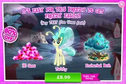 Size: 1956x1297 | Tagged: safe, derpibooru import, official, twirly, breezie, advertisement, ambiguous gender, antennae, bush, costs real money, enchanted, english, eyelashes, gameloft, gem, image, insect wings, jpeg, mushroom, numbers, sale, solo, solo focus, spread wings, text, wings