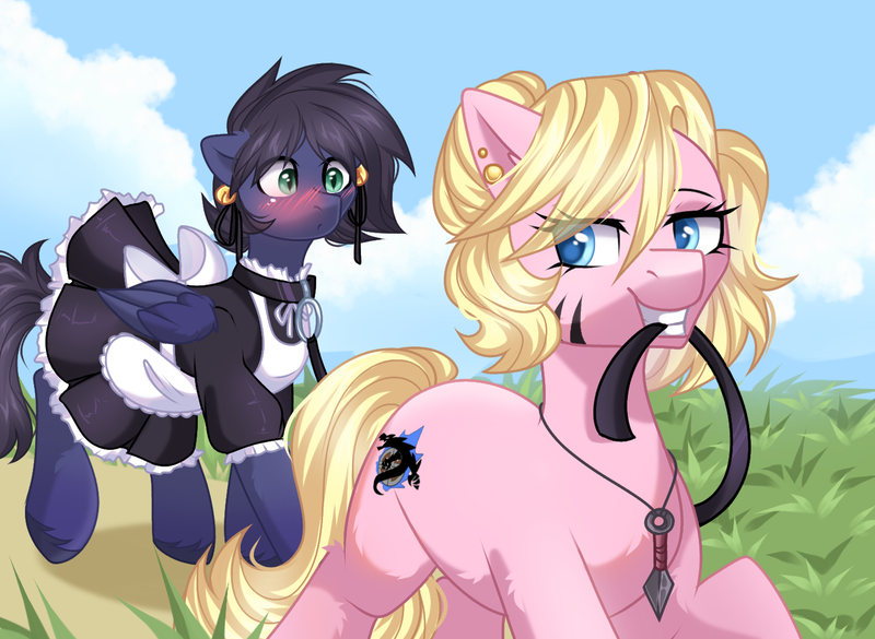 Size: 1469x1075 | Tagged: safe, alternate version, artist:freyamilk, derpibooru import, oc, oc:fenris ebonyglow, oc:kara waypoint, unofficial characters only, earth pony, pegasus, pony, blushing, clothes, collar, female, grin, image, jewelry, kunai, leash, maid, male, mare, mouth hold, necklace, pet play, png, smiling, stallion