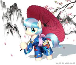 Size: 1736x1491 | Tagged: safe, artist:vinilyart, derpibooru import, coco pommel, earth pony, pony, cherry blossoms, clothes, cocobetes, cute, female, flower, flower blossom, holding, image, kimono (clothing), mare, mountain, pagoda, png, smiling, solo, umbrella