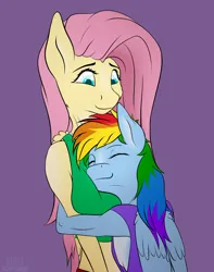 Size: 2388x3024 | Tagged: safe, artist:fluffyorbiter, derpibooru import, fluttershy, rainbow dash, anthro, pegasus, pony, big breasts, boob smothering, breasts, busty fluttershy, clothes, comfy, delicious flat chest, duo, duo female, female, flutterdash, grin, height difference, hug, huge breasts, image, lesbian, looking down, muscles, png, purple background, rainbow flat, rainbuff dash, shipping, shirt, simple background, size difference, smiling, smoldash, smothering, squishy, tallershy, undershirt