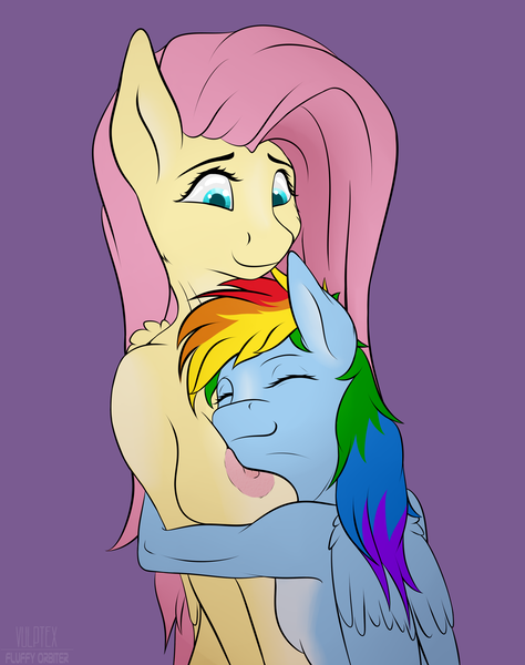 Size: 2388x3024 | Tagged: questionable, alternate version, artist:fluffyorbiter, derpibooru import, fluttershy, rainbow dash, pegasus, pony, big breasts, boob smothering, breasts, busty fluttershy, comfy, delicious flat chest, derpibooru exclusive, duo, duo female, female, flutterdash, grin, height difference, hug, huge breasts, image, lesbian, looking down, muscles, naked hug, nipples, nudity, png, purple background, rainbow flat, rainbuff dash, shipping, simple background, size difference, smiling, smoldash, smothering, squishy, tallershy, wings