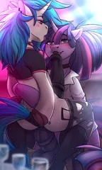 Size: 1134x1893 | Tagged: explicit, alternate version, artist:1an1, twilight sparkle, vinyl scratch, anthro, semi-anthro, unguligrade anthro, unicorn, anal, arm hooves, balls, big penis, blushing, bottomless, butt, choker, clothes, collar, cutie mark, dark genitals, ear piercing, erection, eye contact, eyeshadow, facial, futa, futa on futa, futa only, futa twilight sparkle, futa vinyl scratch, horsecock, image, intersex, lipstick, looking at each other, makeup, nudity, open mouth, partial nudity, penetration, penis, piercing, plot, png, sex, shipping, shirt, socks, spiked choker, spiked collar, tail wrap, thigh highs, torn clothes, underhoof, vinyl ass, vinylight, wall of tags