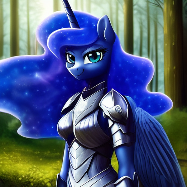 Size: 1024x1024 | Tagged: safe, derpibooru import, editor:dovakkins, machine learning generated, novelai, prompter:dovakkins, stable diffusion, princess luna, alicorn, anthro, armor, beautiful, clothes, female, forest, forest background, grass, happy, image, looking at you, png, smiling, smiling at you, solo, tree, warrior luna, wings