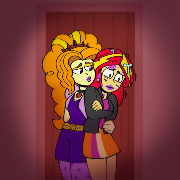 Size: 2048x2048 | Tagged: safe, artist:shippart, derpibooru import, adagio dazzle, sunset shimmer, human, equestria girls, after kiss, drool, duo, female, fetish, forced, image, kiss mark, kissy face, lesbian, lipstick, lipstick fetish, looking at someone, looking down, one sided shipping, png, purple lipstick, shipping, shivering, story in the source, sunsagio, traumatized