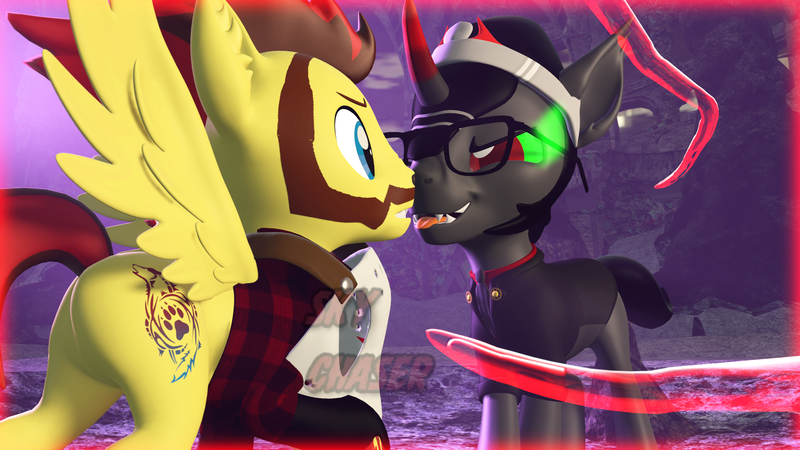 Size: 1920x1080 | Tagged: safe, artist:sky chaser, derpibooru import, king sombra, oc, oc:sky chaser, pegasus, pony, unicorn, wolf, wolf pony, 3d, beard, canon x oc, clothes, facial hair, gay, glasses, image, jacket, male, mask, nose wrinkle, png, source filmmaker, tentacles, tongue out