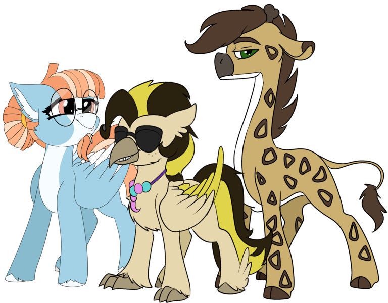 Size: 3840x3000 | Tagged: safe, artist:brainiac, derpibooru import, oc, oc:nighteyes, oc:pearmare, oc:solstic breeze, giraffe, hippogriff, pegasus, pony, derpibooru community collaboration, 2023 community collab, image, male, png, simple background, stallion, transparent background