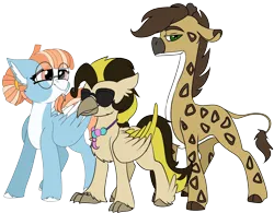 Size: 3840x3000 | Tagged: safe, artist:brainiac, derpibooru import, oc, oc:nighteyes, oc:pearmare, oc:solstic breeze, giraffe, hippogriff, pegasus, pony, derpibooru community collaboration, 2023 community collab, image, male, png, simple background, stallion, transparent background