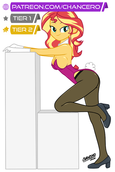 Size: 536x800 | Tagged: suggestive, artist:chancero, derpibooru import, sunset shimmer, human, equestria girls, bedroom eyes, big breasts, breasts, bunny girl, bunny suit, busty sunset shimmer, clothes, eyebrows, female, gloves, high heels, image, looking at you, pantyhose, patreon, png, sexy, shoes, signature, simple background, smiling, smiling at you, solo, solo female, stupid sexy sunset shimmer, transparent background