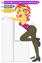 Size: 536x800 | Tagged: suggestive, artist:chancero, derpibooru import, sunset shimmer, human, equestria girls, bedroom eyes, big breasts, breasts, bunny girl, bunny suit, busty sunset shimmer, clothes, eyebrows, female, gloves, high heels, image, looking at you, pantyhose, patreon, png, sexy, shoes, signature, simple background, smiling, smiling at you, solo, solo female, stupid sexy sunset shimmer, transparent background