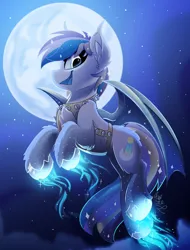 Size: 1900x2500 | Tagged: safe, artist:starcasteclipse, derpibooru import, oc, unofficial characters only, bat pony, commission, flying, image, moon, png, smiling, solo, ych result