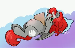 Size: 4096x2651 | Tagged: safe, artist:opalacorn, derpibooru import, oc, oc:void, unofficial characters only, pegasus, pony, belly button, cloud, drawing tablet, female, image, jpeg, lying down, lying on a cloud, mare, on a cloud, on back, pillow, pregnant, solo