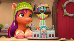 Size: 1280x720 | Tagged: safe, derpibooru import, edit, edited screencap, screencap, sunny starscout, spoiler:g5, spoiler:winter wishday, animated, candy, crystal brighthouse, cute, door, fixing, food, g5, gif, gingerbread house, hat, image, kitchen, loop, nudge, nudging, plate, rainbow, reversed, seashell, shelf, shooting star, solo, sunnybetes, toque, winter wishday, wreath