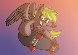 Size: 1920x1358 | Tagged: safe, artist:ebunix, derpibooru import, oc, oc:lightflare, unofficial characters only, pegasus, pony, airborne, grin, image, male, pegasus oc, png, simple background, skateboard, smiling, solo, spread wings, stallion, wings