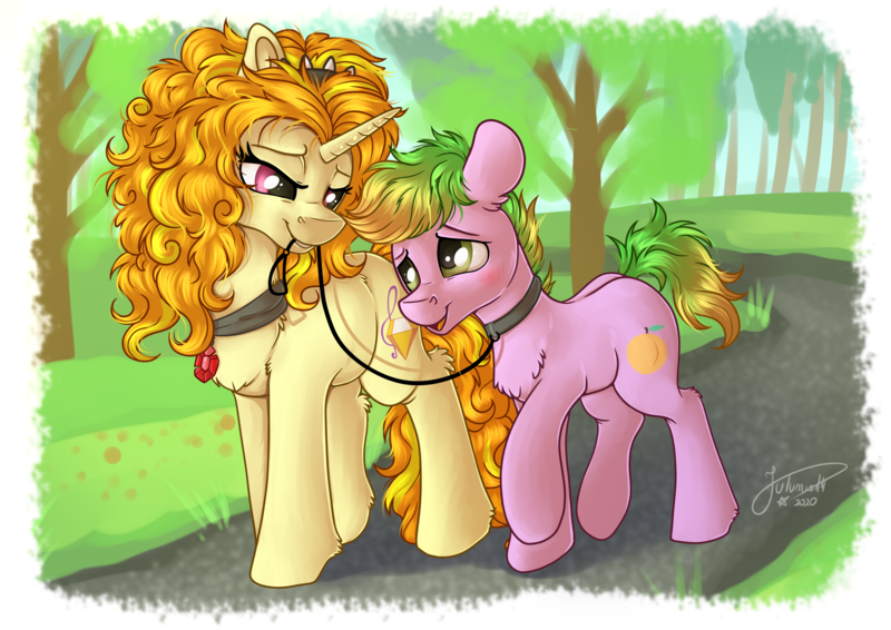 Size: 4093x2894 | Tagged: safe, artist:julunis14, derpibooru import, adagio dazzle, oc, oc:peach cobbler, ponified, pony, comic:we will be adored, collar, cute, female, femdom, image, leash, park, png, ponified siren, submissive