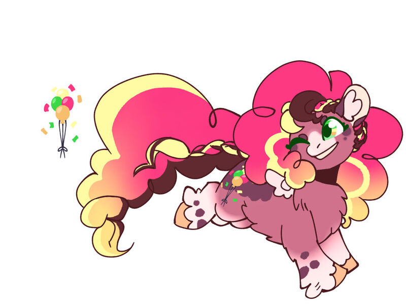 Size: 1024x768 | Tagged: safe, artist:paintedsnek, derpibooru import, pinkie pie, earth pony, pony, alternate design, braid, braided tail, chest fluff, coat markings, colored ears, colored hooves, cutie mark, ear fluff, female, image, jpeg, mare, one eye closed, redesign, simple background, solo, tail, twitterina design, unshorn fetlocks, white background, wink