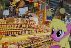 Size: 480x327 | Tagged: safe, cherry berry, earth pony, pony, animal costume, bee costume, clothes, costume, excited, female, food, gif, honey, image, looking at something, mare, shelf, solo, store, store display, vibrating