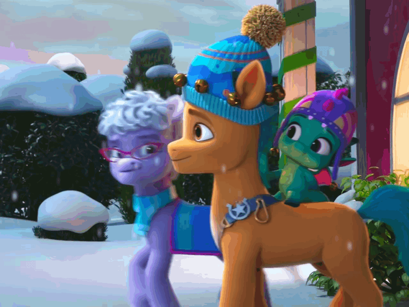 Size: 1280x960 | Tagged: safe, derpibooru import, edit, edited screencap, screencap, hitch trailblazer, sparky sparkeroni, spoiler:g5, spoiler:winter wishday, animated, bells, bush, clothes, cropped, cute, embarrassed, female, forehead kiss, forest, g5, gif, glasses, grandma figgy, grandmother, hat, image, kiss on the cheek, kissing, outdoors, scarf, sheriff's badge, smooch, snow, sparkybetes, tree, window, winter hat, winter wishday