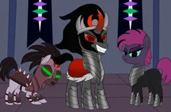 Size: 3301x2160 | Tagged: safe, derpibooru import, king sombra, oc, earth pony, pony, unicorn, the crystal empire, angry, armor, armored pony, clothes, colored horn, curved horn, helmet, horn, image, jpeg, looking at you, mind control, slave, smiling, smiling at you, sombra horn, sombra soldier, staring at you, suit, the crystal empire 10th anniversary, worship