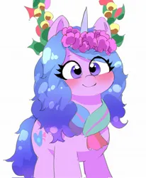 Size: 1691x2048 | Tagged: safe, artist:leo19969525, derpibooru import, izzy moonbow, pony, unicorn, blushing, clothes, cute, ears, ears up, female, flower, flower in hair, g5, hair, happy, horn, image, izzybetes, jpeg, mane, mare, purple eyes, scarf, simple background, smiling, solo, tail, white background