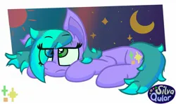 Size: 2048x1219 | Tagged: safe, artist:silvaqular, derpibooru import, oc, oc:cyanette, unofficial characters only, earth pony, pony, cute, eye clipping through hair, female, image, jpeg, lying down, mare, moon, night, night sky, purple, sky, solo, sun, unhappy