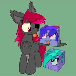Size: 1911x1911 | Tagged: safe, artist:silvaqular, derpibooru import, oc, oc:cyanette, oc:qular, unofficial characters only, bat pony, earth pony, pony, unicorn, bow, cartoon physics, cube, female, hair bow, image, jpeg, mare, purple, solo, tongue out