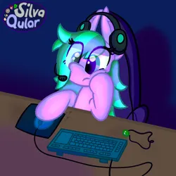 Size: 4000x4000 | Tagged: safe, artist:silvaqular, derpibooru import, oc, oc:cyanette, unofficial characters only, pony, desk, female, image, keyboard, mare, png