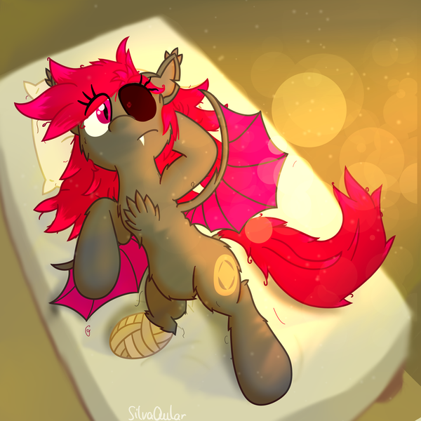 Size: 4000x4000 | Tagged: safe, artist:silvaqular, derpibooru import, oc, oc:neon, unofficial characters only, bat pony, pony, bed, female, image, lying, mare, png