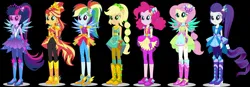 Size: 2048x713 | Tagged: safe, applejack, fluttershy, pinkie pie, rainbow dash, rarity, sci-twi, sunset shimmer, twilight sparkle, equestria girls, black background, boots, cowboy boots, crystal guardian, high heel boots, humane five, humane seven, humane six, image, jpeg, ponied up, shoes, simple background