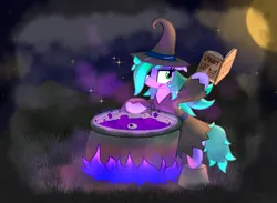 Size: 3000x2200 | Tagged: safe, artist:silvaqular, derpibooru import, oc, oc:cyanette, unofficial characters only, earth pony, pony, book, cauldron, clothes, cute, fantasy class, female, fog, image, mare, moon, night, png, solo, witch