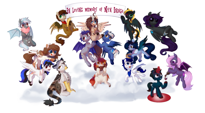 Size: 3972x2194 | Tagged: safe, artist:enderselyatdark, derpibooru import, oc, oc:lilac, oc:lotus, oc:mabel, oc:maverick, oc:nyn indigo, oc:ondrea, oc:ospreay, oc:shade, oc:shadow storm, oc:siren, oc:slashing prices, oc:snow storm, oc:squall splitter, oc:swango, oc:thunder run, oc:tundra, bat pony, earth pony, pegasus, pony, unicorn, derpibooru community collaboration, 2023 community collab, flying, image, in memoriam, png