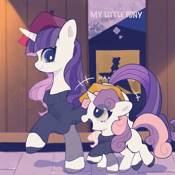 Size: 1600x1600 | Tagged: safe, artist:zhen8558, derpibooru import, rarity, sweetie belle, pony, unicorn, beatnik, beret, clothes, cute, diasweetes, excited, eye clipping through hair, hamilton, hat, image, jpeg, poster, smiling, sweater, talking