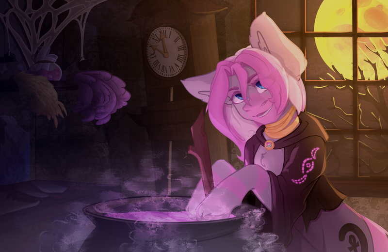 Size: 3000x1950 | Tagged: suggestive, artist:lazymishel, derpibooru import, oc, oc:chifundo, hybrid, zony, fallout equestria: dead tree, brewing, cauldron, cloak, clock, clothes, detailed background, full moon, glyphmark, gold rings, halloween, holiday, image, jewelry, loose hair, lust potion, moon, nightmare night, pink stripes, png, shaman things, shamanism, spider web, stick, tree