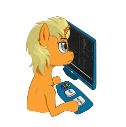 Size: 909x911 | Tagged: safe, artist:limonium, derpibooru import, oc, oc:lim, unofficial characters only, pony, unicorn, blonde, computer, confused, image, male, png, programming, simple background, solo, transparent background