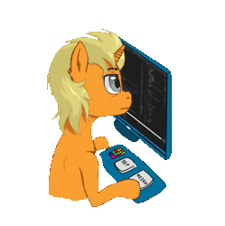 Size: 909x911 | Tagged: safe, artist:limonium, derpibooru import, oc, oc:lim, unofficial characters only, pony, unicorn, animated, blonde, boop, computer, confused, gif, image, male, nose wrinkle, noseboop, programming, silly, simple background, solo, transparent background