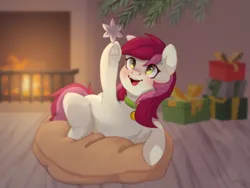 Size: 2232x1680 | Tagged: safe, artist:lissa, derpibooru import, roseluck, pony, behaving like a cat, christmas, christmas presents, christmas tree, collar, commission, commissioner:doom9454, cute, holiday, image, pet tag, pillow, png, pony pet, rosepet, tree