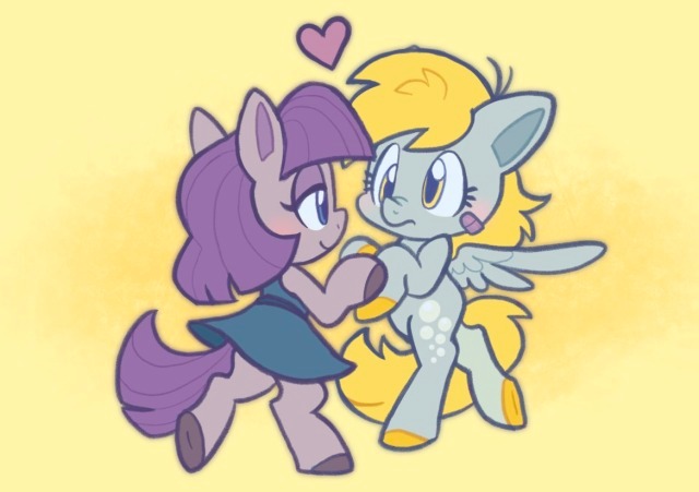 Size: 640x451 | Tagged: safe, artist:peekychu, artist:raystarkitty, derpibooru import, derpy hooves, maud pie, earth pony, pegasus, semi-anthro, bandaid, derpmaud, duo, female, heart, image, jpeg, lesbian, shipping, smiling, when she smiles