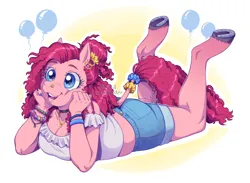 Size: 1748x1280 | Tagged: safe, artist:allegedratmonster, derpibooru import, pinkie pie, anthro, unguligrade anthro, alternate hairstyle, bracelet, breasts, choker, cleavage, clothes, ear piercing, earring, female, horseshoes, image, jewelry, lying down, nose piercing, nose ring, piercing, plump, png, prone, scrunchie, shorts, smiling, solo, supporting head, the pose