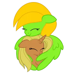 Size: 2000x2000 | Tagged: safe, artist:candy meow, derpibooru import, oc, oc:aurora lulamoon, oc:candy meow, pegasus, pony, unicorn, ^^, cute, duo, eyes closed, female, filly, floppy ears, foal, high res, horn, hug, image, mare, pegasus oc, png, pony oc, simple background, thundermeow, transparent background, unicorn oc, winghug, wings