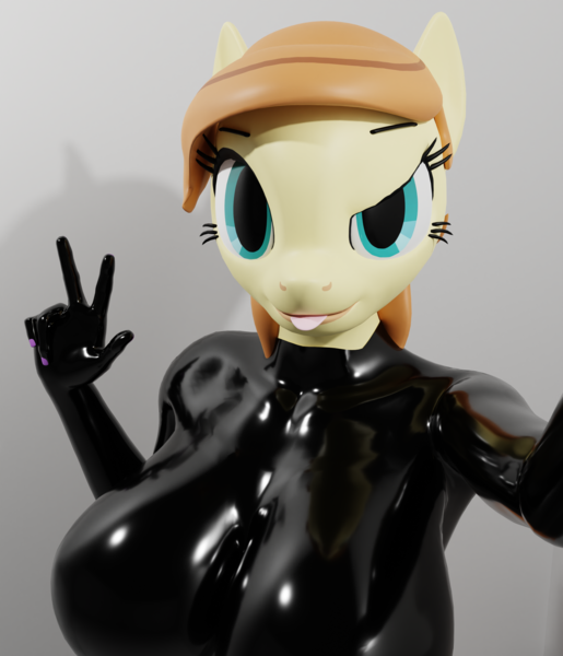 Size: 2589x3017 | Tagged: explicit, artist:insany3d, derpibooru import, oc, oc:cream heart, anthro, 3d, anthro oc, big breasts, blender, breasts, female, huge breasts, image, insany3d, latex, latex suit, png, selfie, smiling, smirk, tongue out