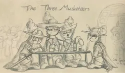 Size: 2720x1600 | Tagged: safe, artist:cdrspark, derpibooru import, ponified, earth pony, pony, unicorn, feather, female, group, hat, image, jpeg, monochrome, musketeer, pencil drawing, rule 63, the three musketeers, traditional art