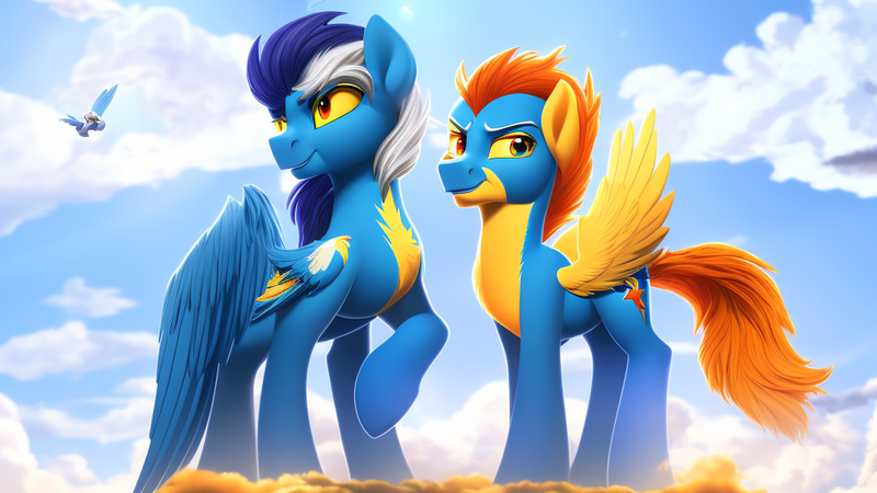 Size: 1024x576 | Tagged: safe, derpibooru import, machine learning generated, soarin', spitfire, pegasus, pony, clothes, female, image, male, png, uniform, wonderbolts, wonderbolts uniform