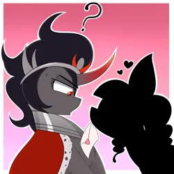 Size: 3000x3000 | Tagged: safe, artist:dragonpone, derpibooru import, king sombra, oc, oc:vantablack, earth pony, pony, unicorn, confused, derpibooru exclusive, duo, duo male and female, envelope, female, floating heart, heart, image, infatuation, jewelry, letter, looking at each other, looking at someone, love letter, male, mare, mouth hold, passepartout, png, question mark, regalia, stallion, sweat, sweatdrop, the crystal empire 10th anniversary