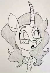 Size: 651x948 | Tagged: safe, artist:spoopygirl, derpibooru import, oleander (tfh), classical unicorn, unicorn, them's fightin' herds, clothes, cloven hooves, community related, glasses, image, jpeg, leonine tail, lineart, pencil shading, scarf, tfh oc, traditional art, unshorn fetlocks