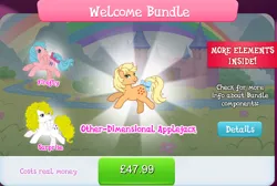 Size: 1280x858 | Tagged: safe, derpibooru import, idw, applejack (g1), firefly, earth pony, pegasus, pony, bow, bundle, collection, costs real money, english, female, g1, g4, gameloft, group, horn, idw showified, image, jpeg, mare, numbers, spread wings, surprise (g1), tail, tail bow, text, wings