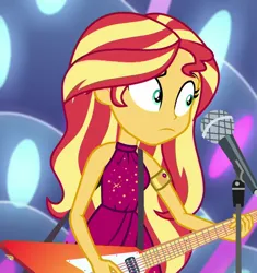 Size: 1014x1080 | Tagged: safe, derpibooru import, screencap, sunset shimmer, equestria girls, equestria girls series, spring breakdown, spoiler:eqg series (season 2), cropped, electric guitar, guitar, image, microphone, musical instrument, png, solo