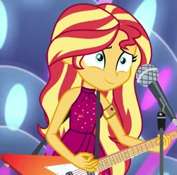 Size: 1031x1017 | Tagged: safe, derpibooru import, screencap, sunset shimmer, equestria girls, equestria girls series, spring breakdown, spoiler:eqg series (season 2), cropped, electric guitar, guitar, image, microphone, musical instrument, png, solo