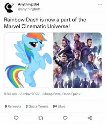 Size: 1080x1259 | Tagged: artist needed, safe, derpibooru import, rainbow dash, pegasus, fake, faker than a three dollar bill, female, image, jpeg, marvel, marvel cinematic universe, meta, tony stark, twitter