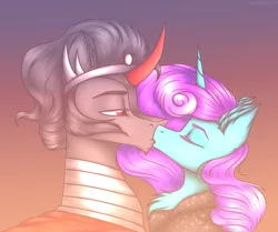 Size: 2092x1748 | Tagged: safe, artist:darklight1315, derpibooru import, king sombra, oc, oc:starless tundra, crystal pony, pony, unicorn, fallout equestria, eyes closed, fallout equestria: dark delirium, image, kissing, png, the crystal empire 10th anniversary