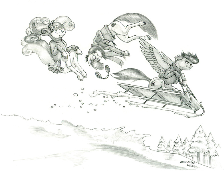 Size: 1500x1146 | Tagged: safe, artist:baron engel, derpibooru import, apple bloom, scootaloo, sweetie belle, earth pony, pegasus, unicorn, clothes, cutie mark crusaders, falling, flying, grayscale, group, image, jpeg, monochrome, pencil drawing, sled, sledding, snow, spread wings, this will end in tears and/or death and/or covered in tree sap, traditional art, tree, trio, wings, winter