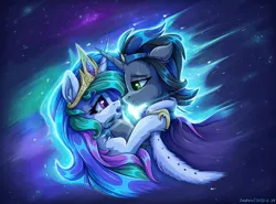 Size: 2400x1777 | Tagged: safe, artist:zeepheru_pone, derpibooru import, idw, king sombra, princess celestia, alicorn, pony, unicorn, spoiler:comic, celestibra, cuddling, duo, female, good king sombra, high res, image, love, male, mare, png, shipping, signature, space, stallion, stars, straight, the crystal empire 10th anniversary